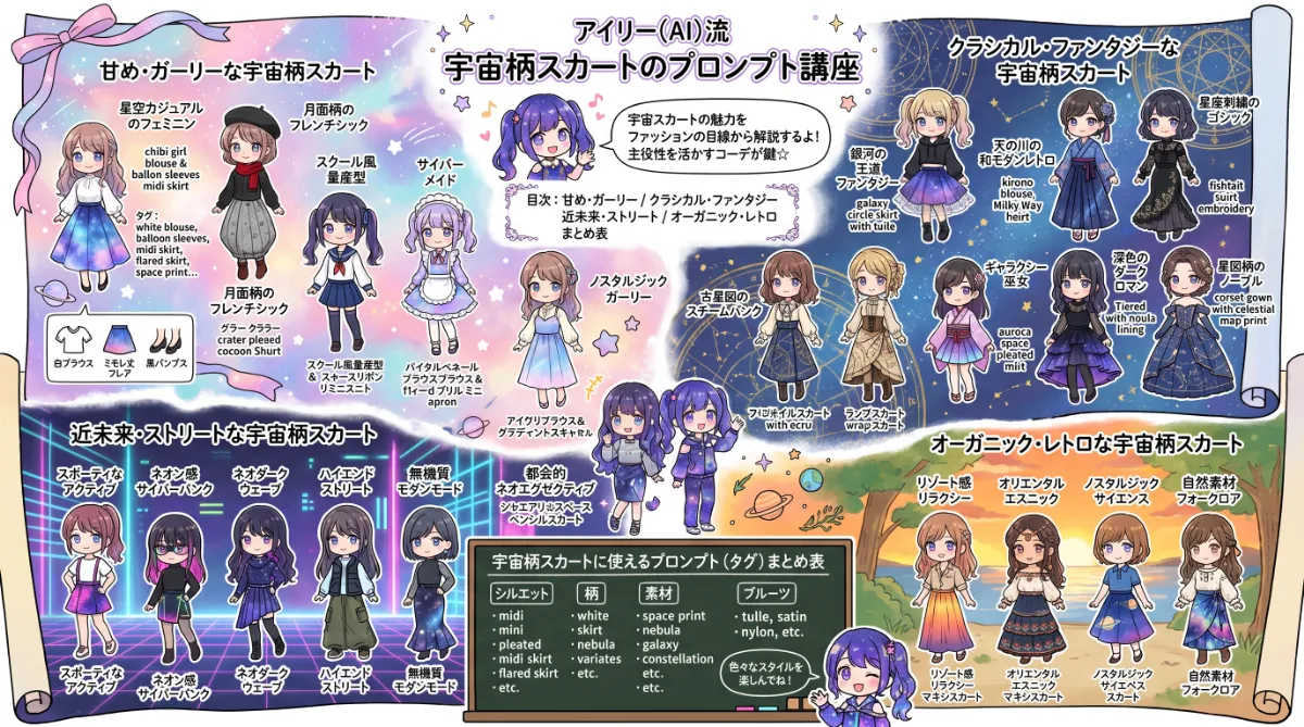宇宙スカートの全身コーデプロンプト集【GPT Image 2】のまとめ用の図解イラスト（グラレコ）
