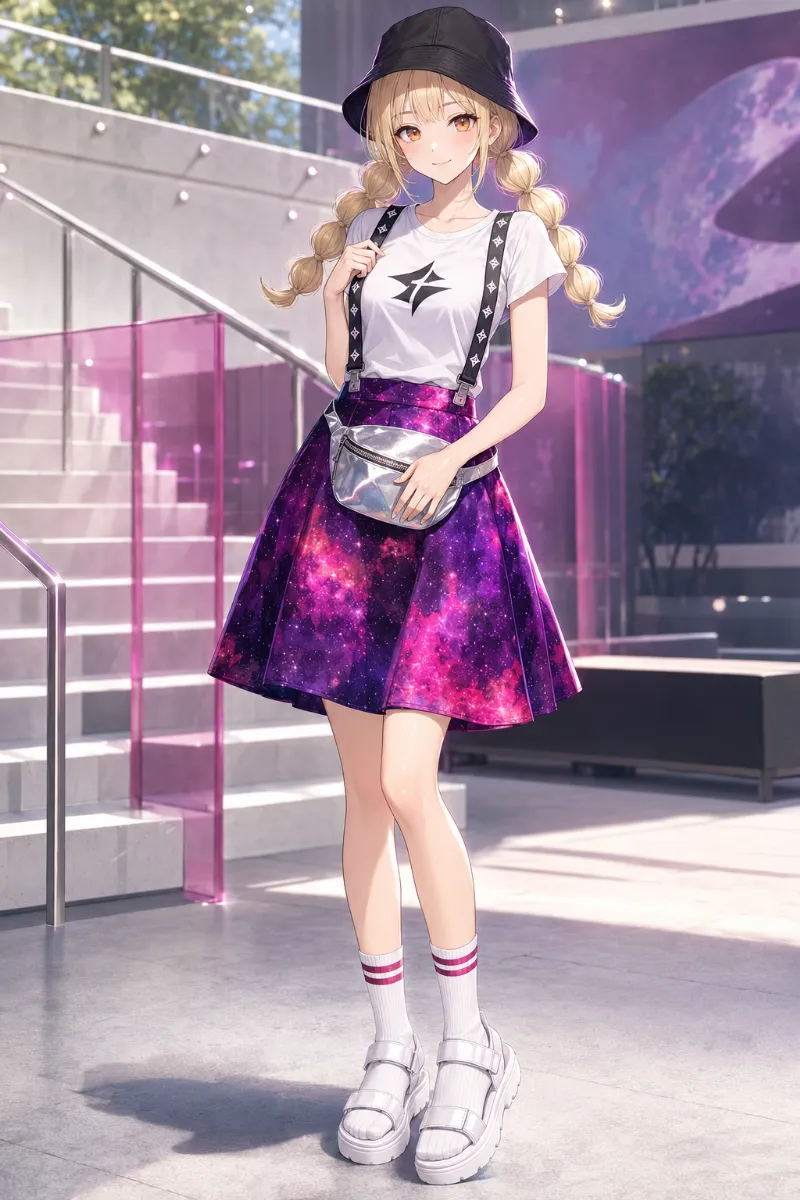 AIイラスト版｜白Tシャツとマゼンタ系星雲柄サスペンダー付きAラインスカートのスポーティコーデ