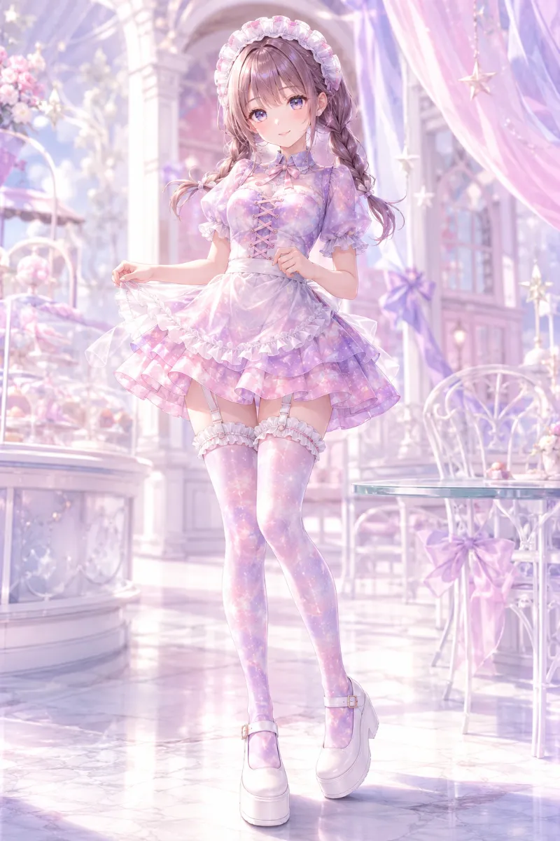 AIイラスト版｜パステル星雲柄ブラウスとティアードフリルミニスカートのメイド風コーデ