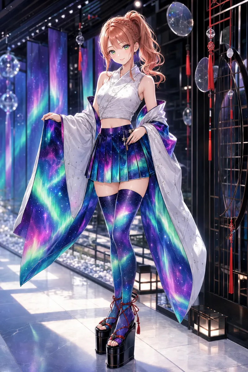 AIイラスト版｜着物カラートップスとオーロラ宇宙柄プリーツミニスカートの巫女風コーデ