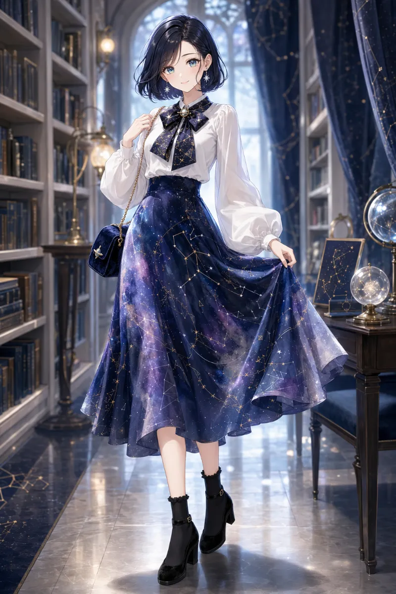 AIイラスト版｜白ブラウスと水彩風宇宙柄ミモレ丈フレアスカートのフェミニンコーデ