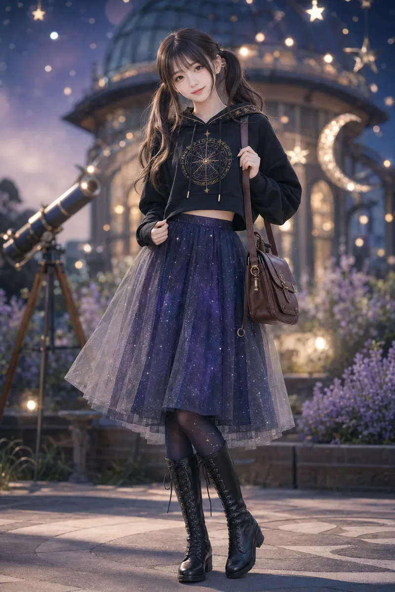 実写AI美女版｜黒クロップドパーカーとチュール重ね銀河柄サークルスカートのファンタジーコーデ