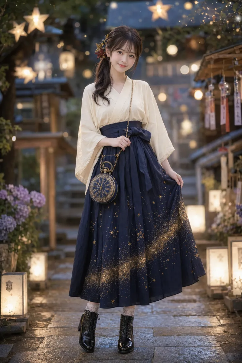 実写AI美女版｜着物袖ブラウスと天の川柄の袴風マキシスカートの和モダンコーデ