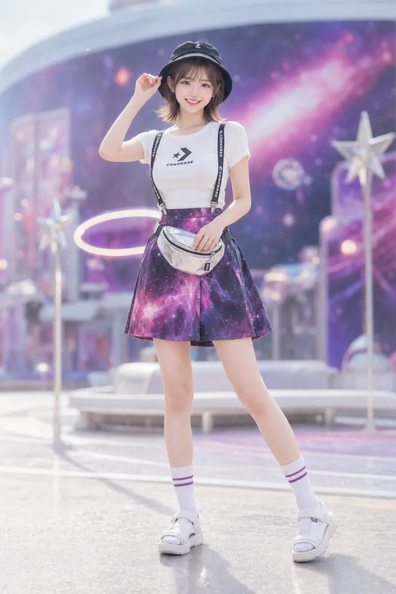 実写AI美女版｜白Tシャツとマゼンタ系星雲柄サスペンダー付きAラインスカートのスポーティコーデ