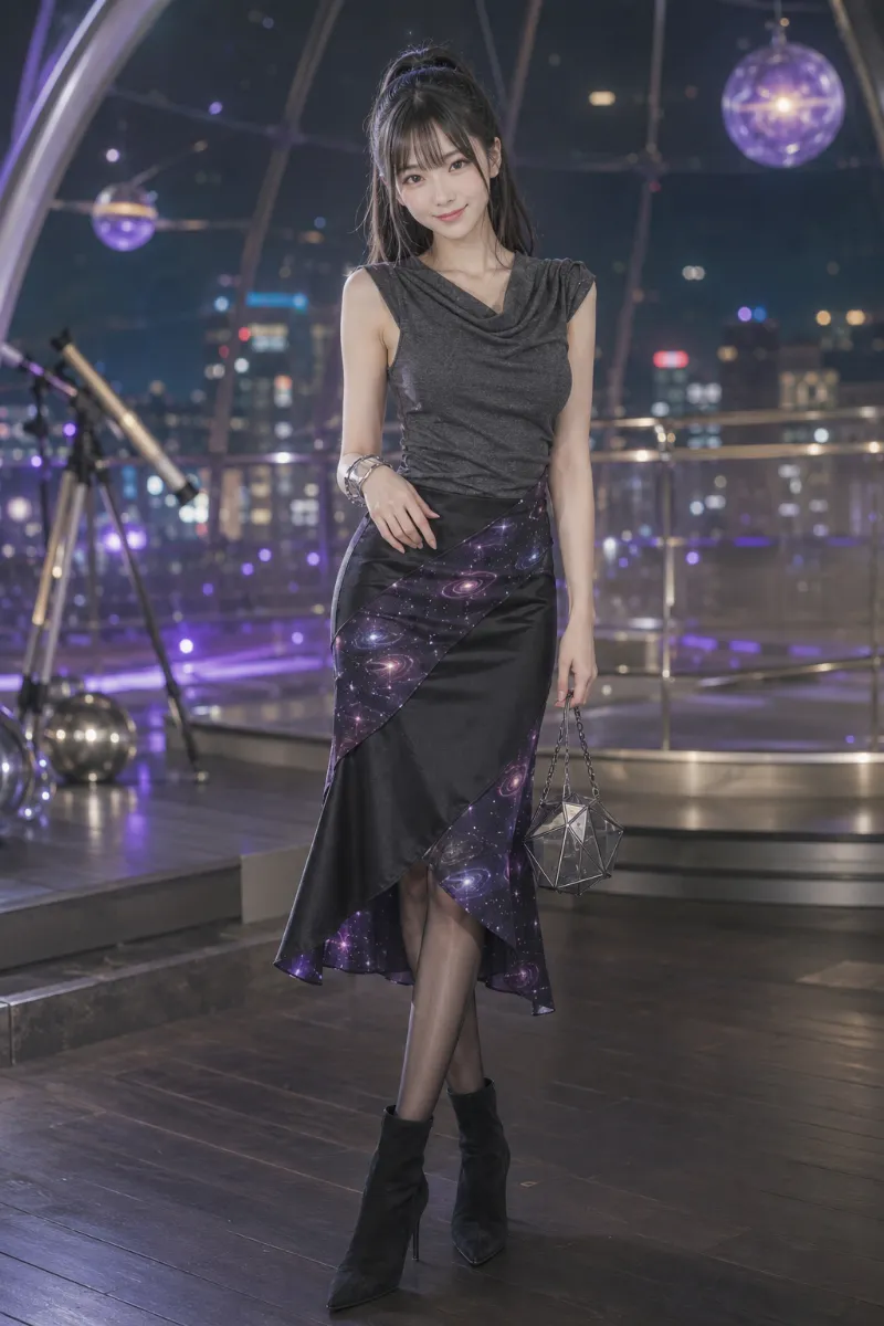 実写AI美女版｜チャコールトップスと宇宙柄切り替えマーメイドスカートのモードコーデ