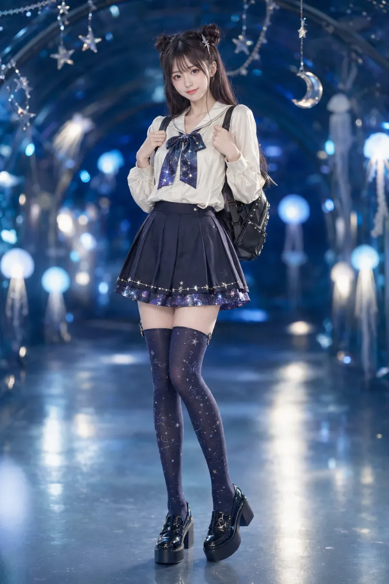 実写AI美女版｜セーラー風ブラウスと宇宙柄リボン付きプリーツミニスカートの量産型コーデ