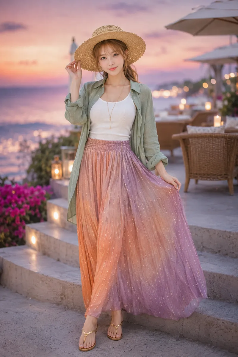 実写AI美女版｜セージグリーンのリネンシャツと夕暮れグラデーションマキシスカートのリゾートコーデ