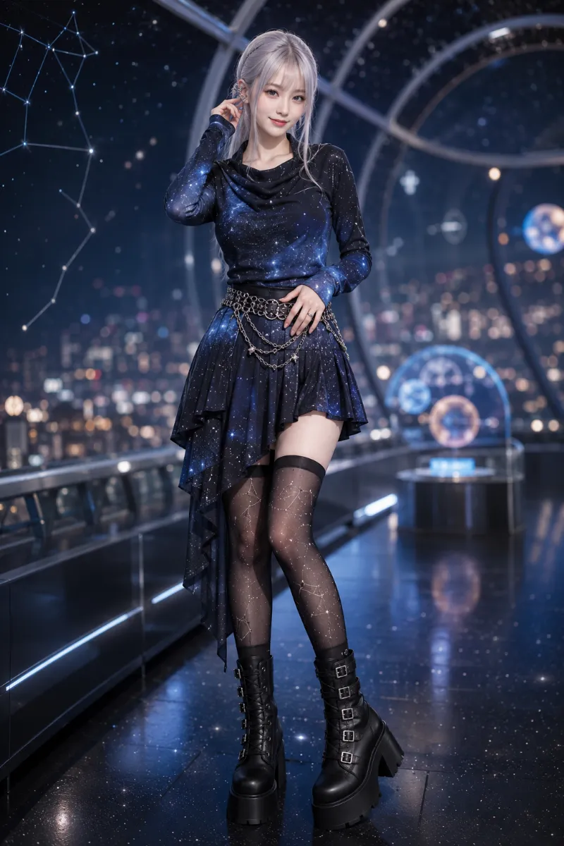 実写AI美女版｜星空柄カウルネックトップスとアシンメトリープリーツミニスカートのダークウェーブコーデ