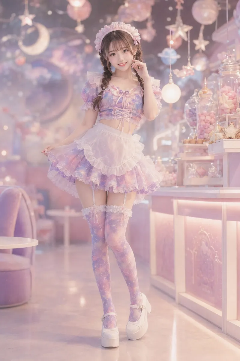 実写AI美女版｜パステル星雲柄ブラウスとティアードフリルミニスカートのメイド風コーデ