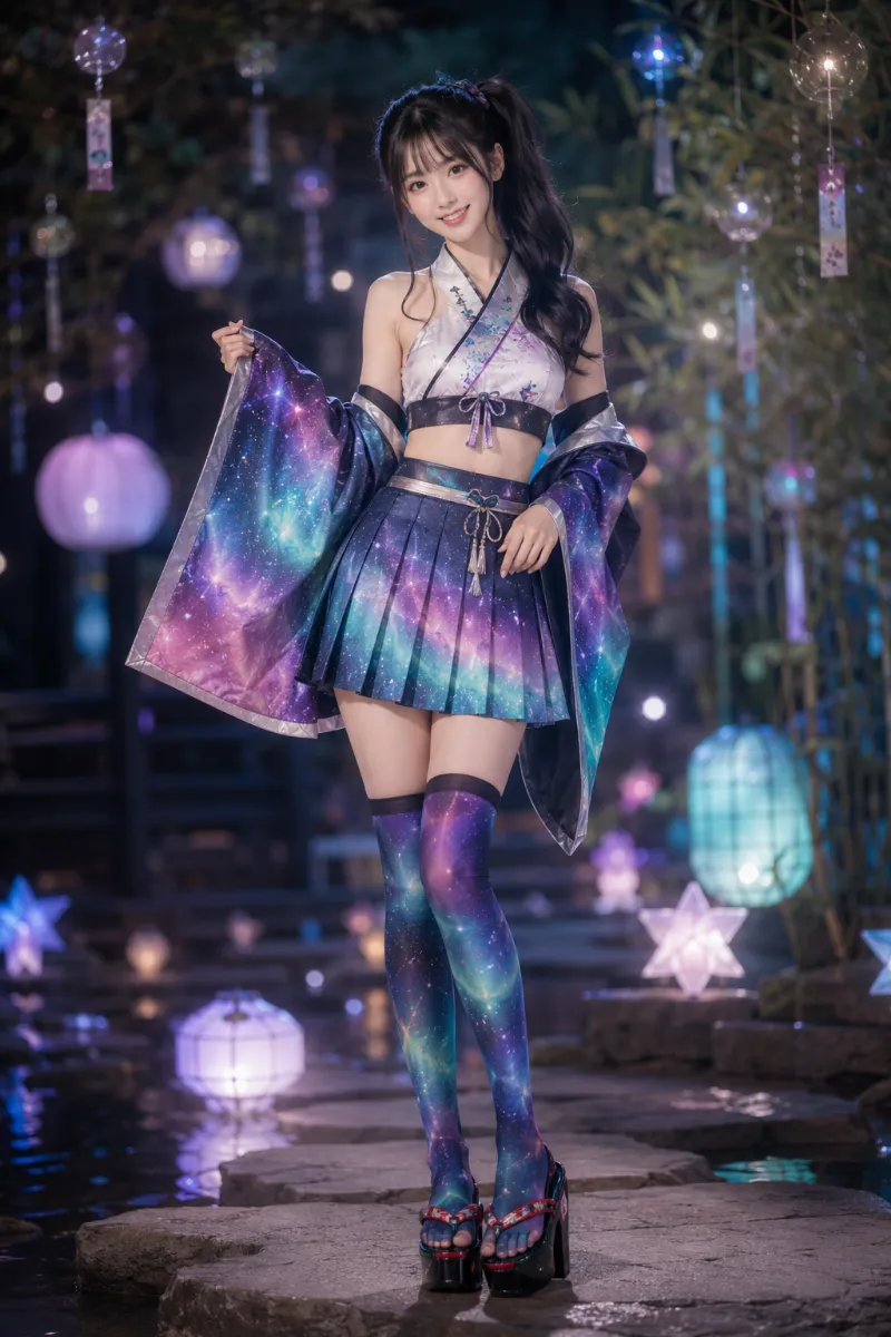 実写AI美女版｜着物カラートップスとオーロラ宇宙柄プリーツミニスカートの巫女風コーデ