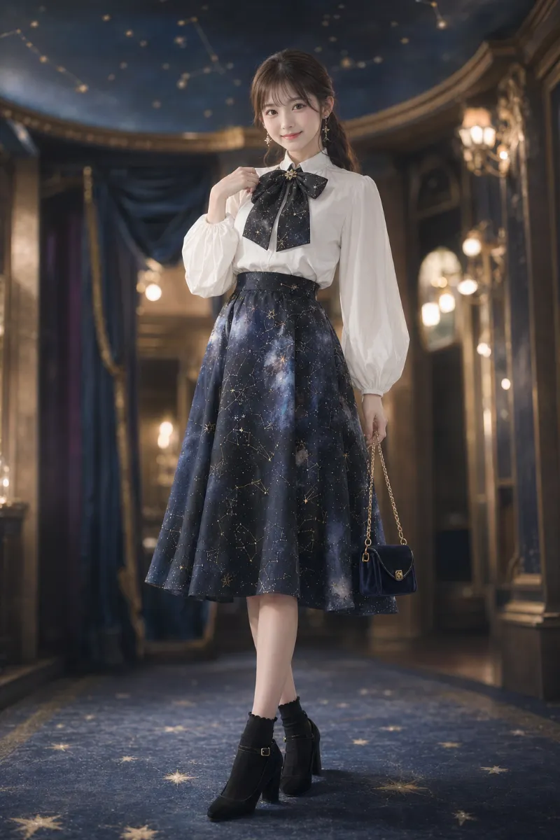 実写AI美女版｜白ブラウスと水彩風宇宙柄ミモレ丈フレアスカートのフェミニンコーデ
