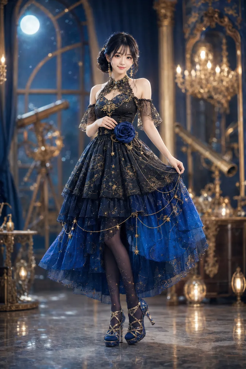 実写AI美女版｜コルセットドレス上部と星図柄ボリュームフレアスカートの上品な宇宙コーデ