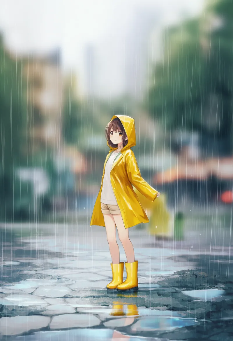 石畳の歩道のAIイラスト（梅雨シーズン）｜プロンプト紹介用