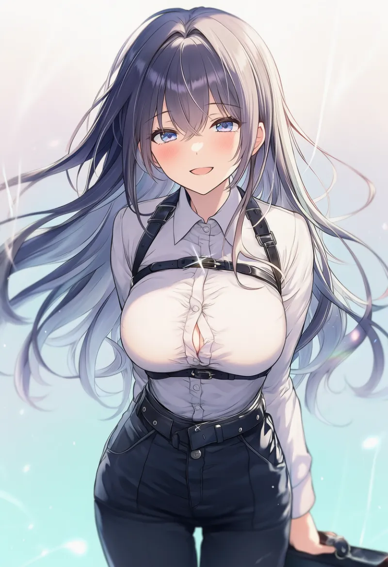 ハーネスで服が左右に引っ張られる状態のAIイラスト｜プロンプト紹介