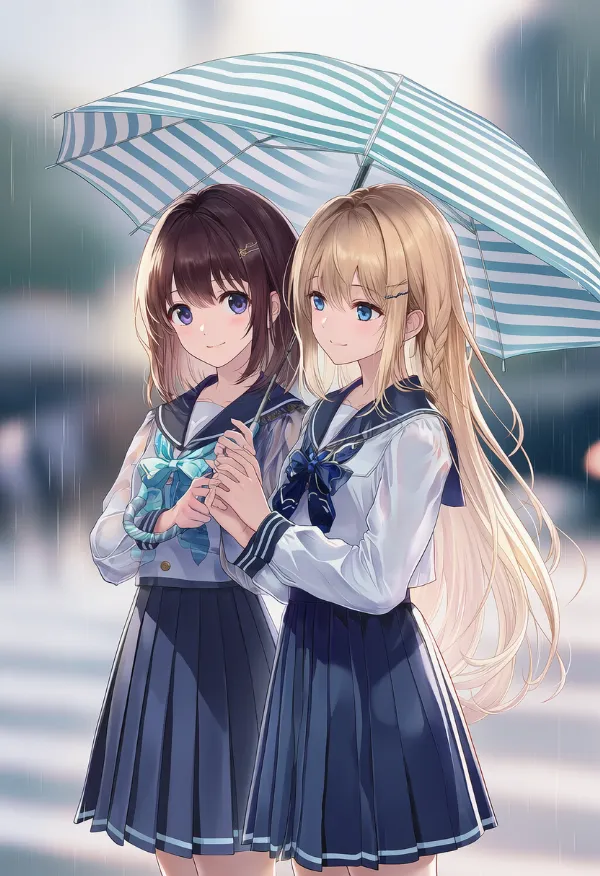 ストライプ柄の傘のAIイラスト（梅雨シーズン）
