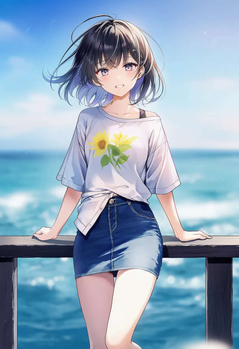 オーバーサイズTシャツ（ドロップショルダー）とタイトデニムスカートのAIイラスト｜夏服プロンプト紹介用