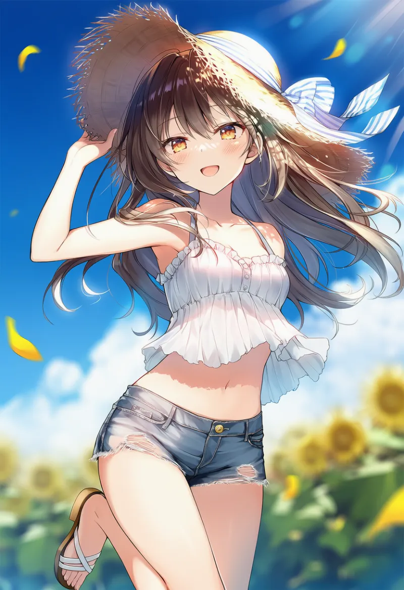 クロップトップ・タンクトップ・ショートパンツの夏コーデのAIイラスト｜プロンプト紹介用