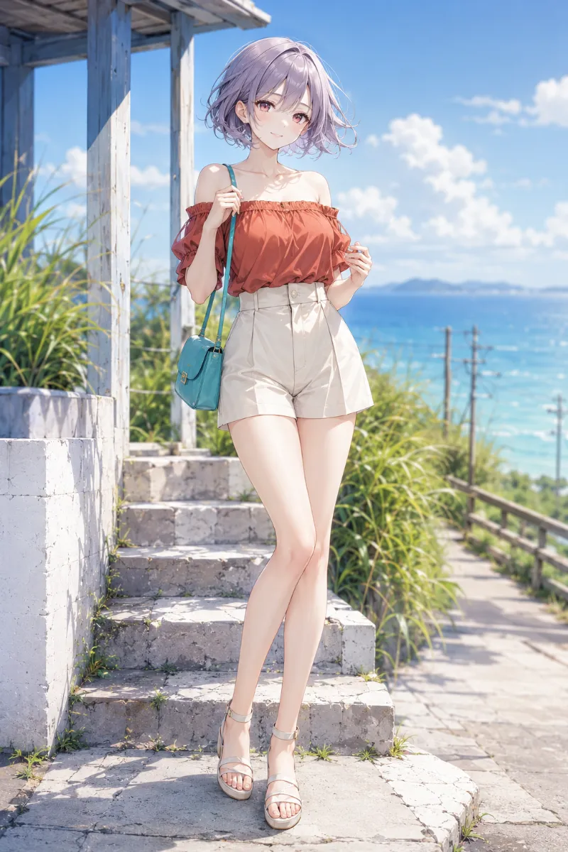 フェミニンなオフショルダー夏コーデのAIイラスト（GPT Image 2）｜夏服プロンプト紹介用