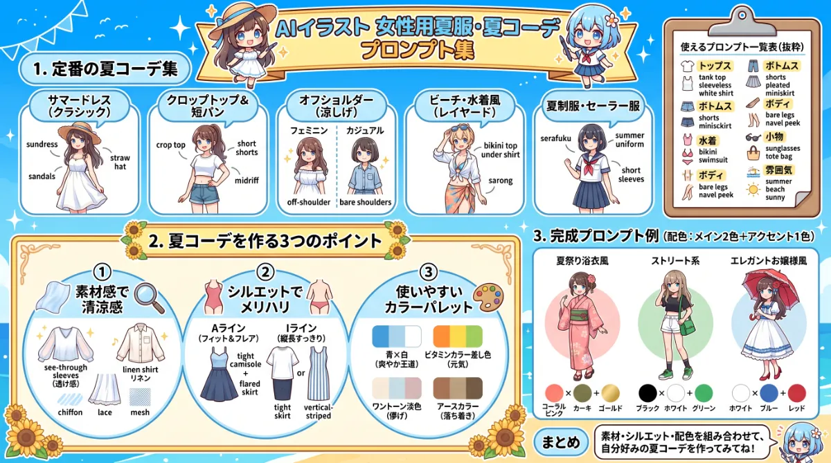 夏の服装・夏コーデのプロンプト集【AIイラスト】のまとめ用の図解イラスト（グラレコ）