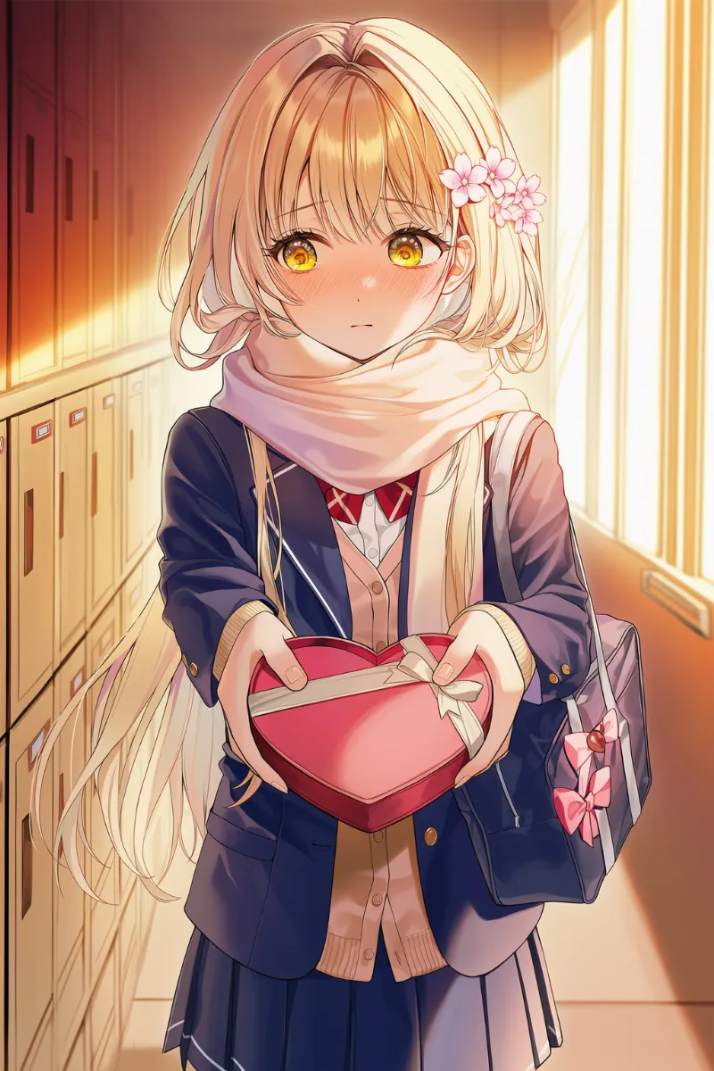 NovelAIで生成したAIイラスト（バレンタインチョコを渡そうとする制服美少女）