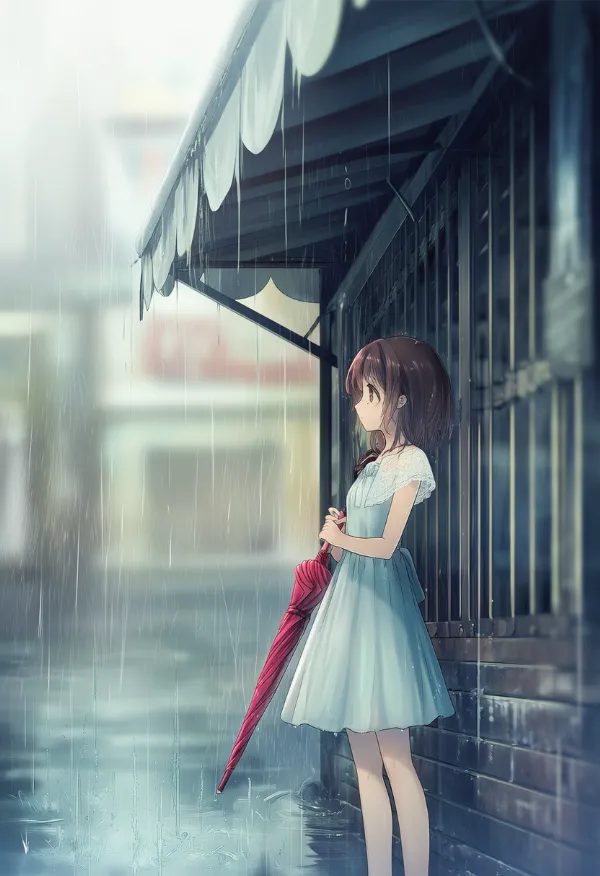 店の庇（ひさし）で雨宿りをしているキャラクターのAIイラスト｜プロンプト紹介用