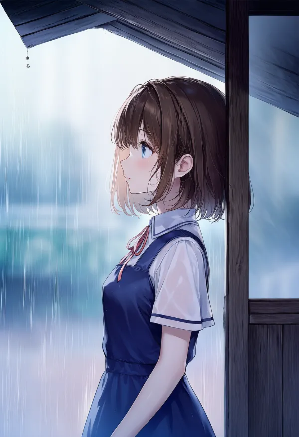 軒下で雨宿りをしているキャラクターのAIイラスト｜プロンプト紹介用