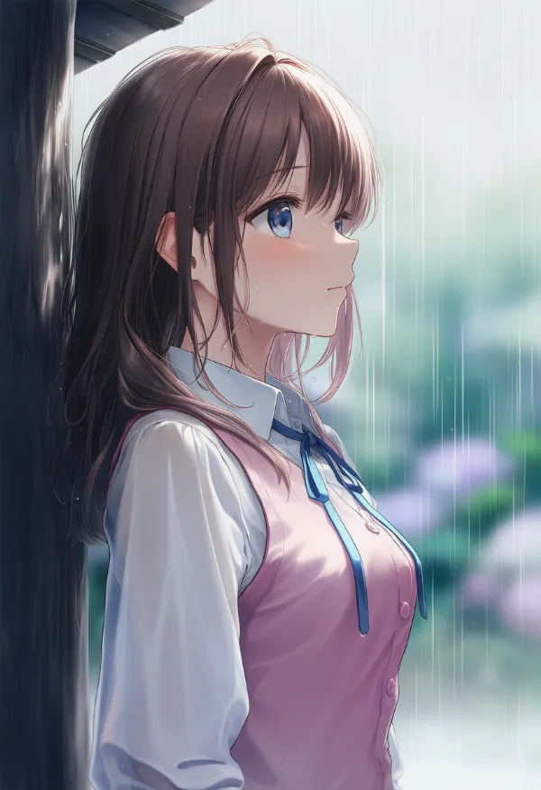 木の下で雨宿りをしているキャラクターのAIイラスト｜プロンプト紹介用