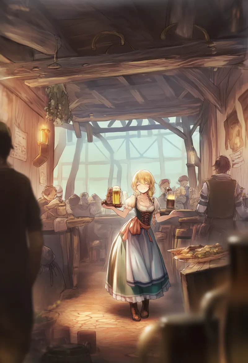 タバーンのAIイラスト（給仕中の店内の様子）｜プロンプト紹介用