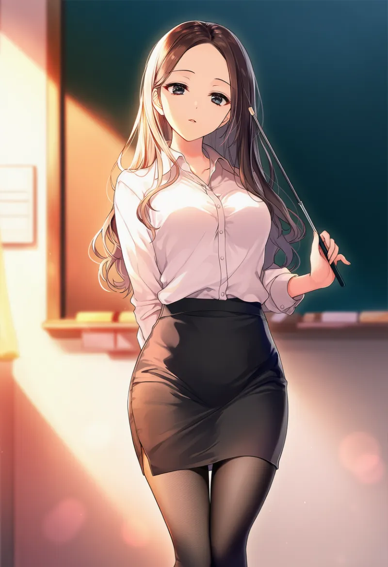 黒板の前に立つ女教師のAIイラスト｜プロンプト紹介用：teacher