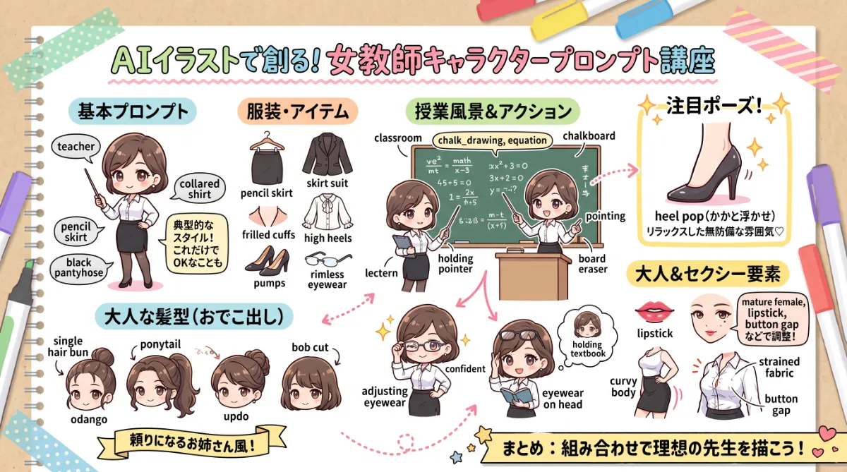 女教師（先生）の服装・ポーズのプロンプト集【AIイラスト】のまとめ用の図解イラスト（グラレコ）