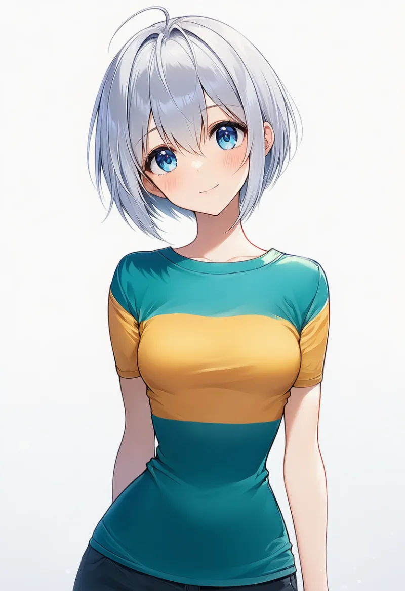 ティール × マスタード（シーンファッション）の2色配色の服のAIイラスト｜プロンプト紹介用