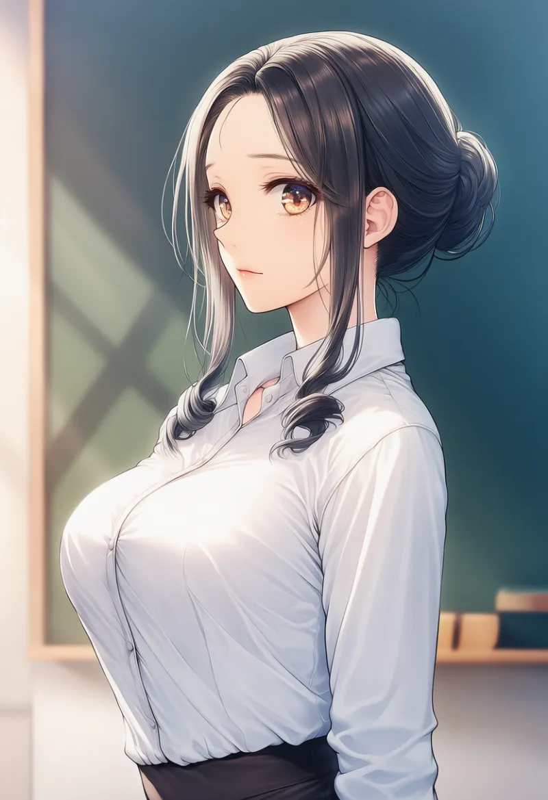 パツパツのシャツと乳テントの状態の女教師のAIイラスト｜プロンプト紹介用