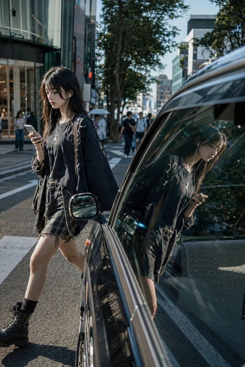 都会の横断歩道でスマホを見ながら歩く女性と、偶然にも車の窓に女性の顔が反射して映る決定的瞬間｜GPT Image 2.0