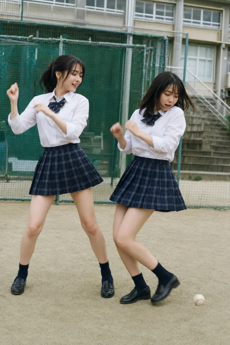 制服姿でダンスする二人組に画面端から野球ボールが転がり込み、片方が振付の中で自然に半歩ずれて避ける決定的瞬間のAI写真｜GPT Image 2.0