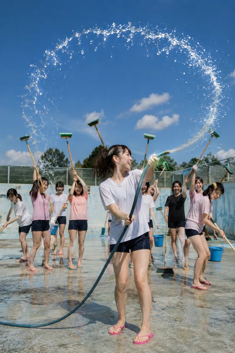 真夏にプールの底を清掃中の多数の女性たち。ホースから出た水飛沫が巨大な王冠のようなシルエットになった決定的瞬間のAI写真｜GPT Image 2.0