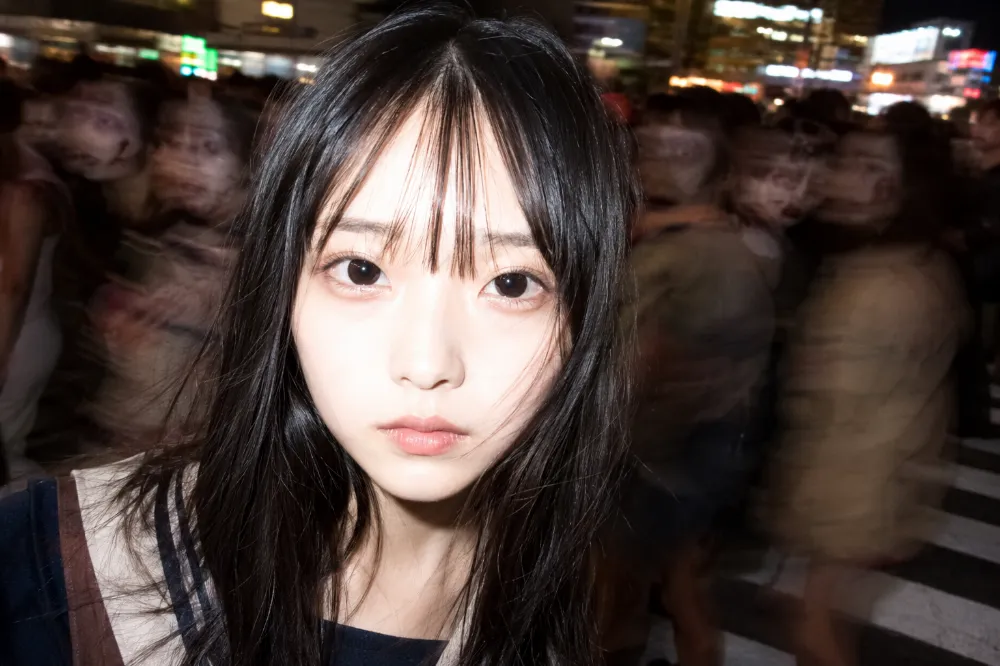ハロウィンの都会でフラッシュを受けた女性の顔と背景の通行人のブレを表す決定的瞬間｜GPT Image 2.0