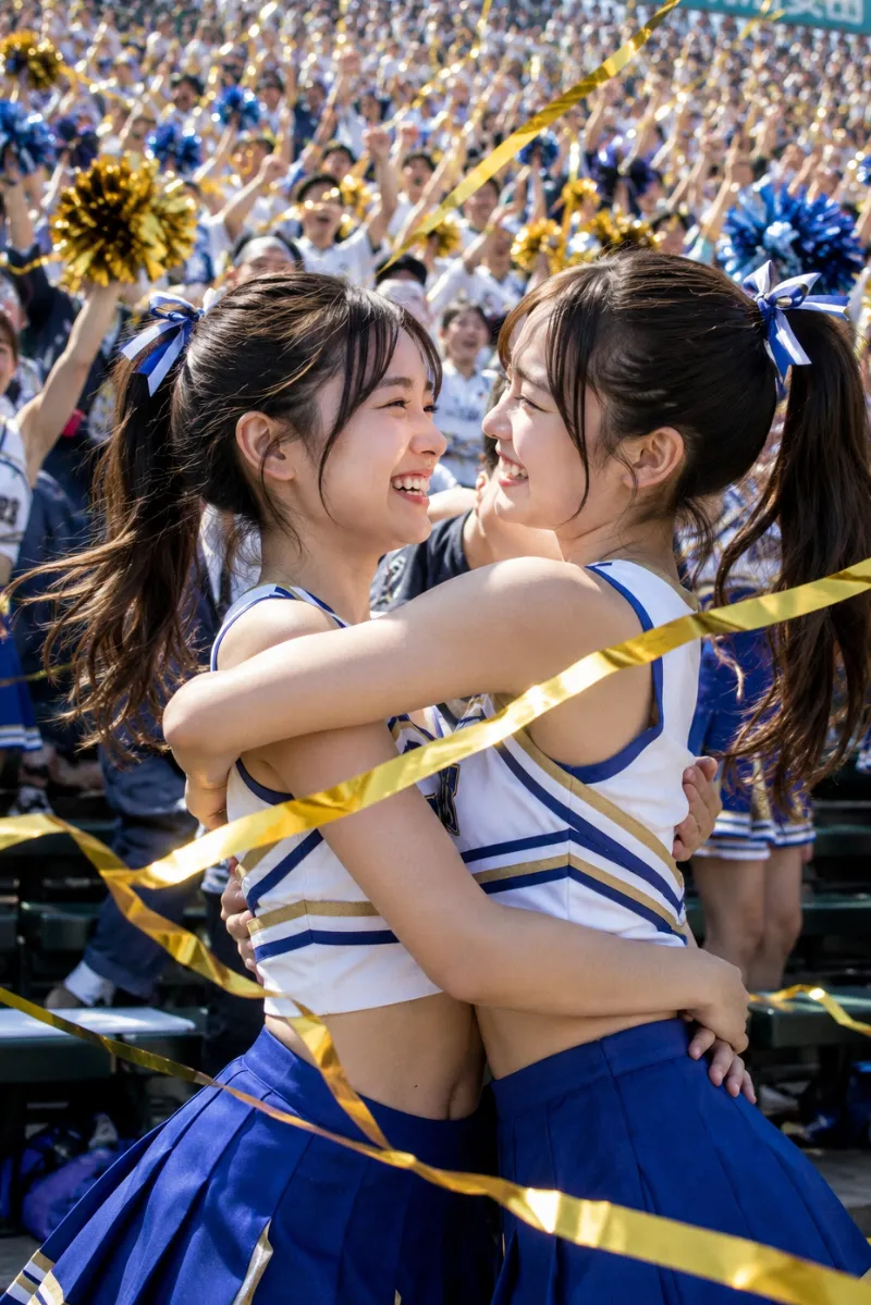 スポーツの応援中のチアリーダー2人が勝利の瞬間の喜びの抱擁をしているところに金色の紙テープが偶然2人を包み込んだ決定的瞬間のAI写真｜GPT Image 2.0