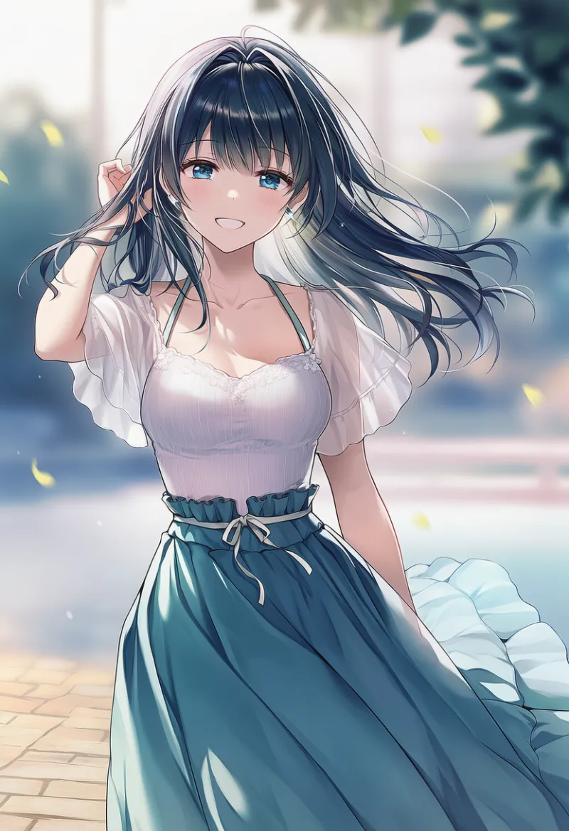 タイトキャミとフレアスカート（夏の服装）のAIイラスト｜プロンプト紹介用
