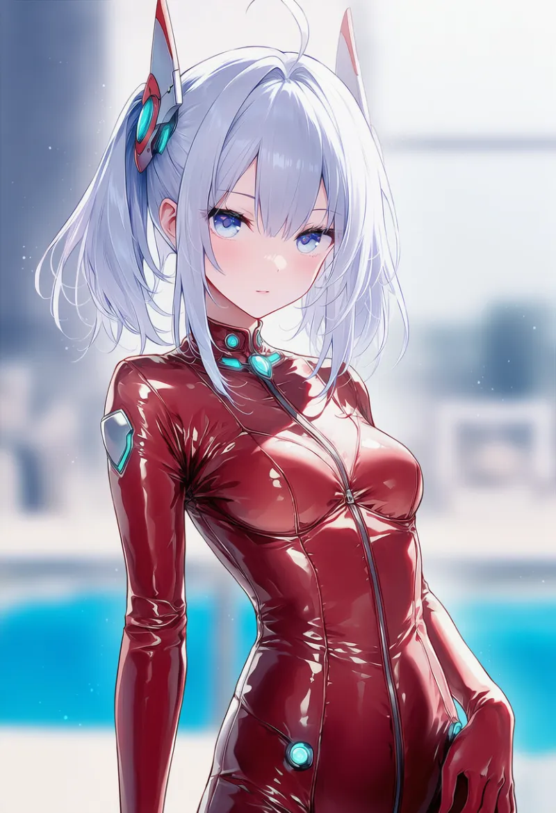 服が体に密着している状態のレザーボディスーツのAIイラスト｜プロンプト紹介