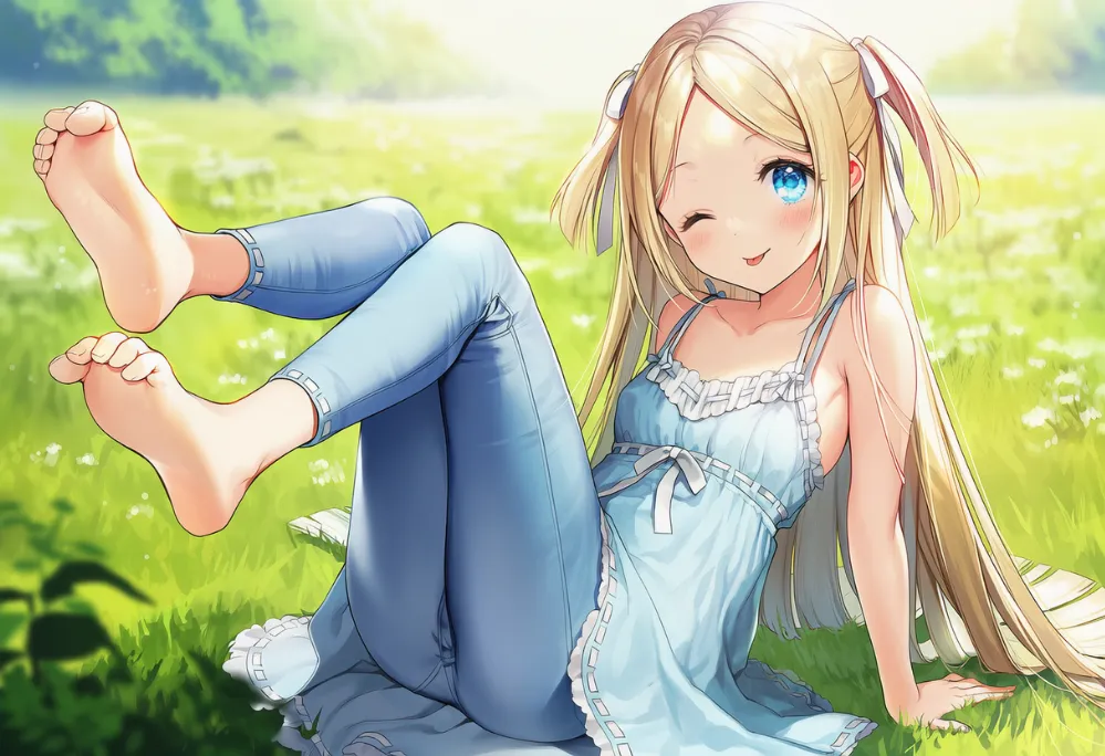 つま先（足）を丸める仕草をしているキャラクターのAIイラスト｜プロンプト紹介