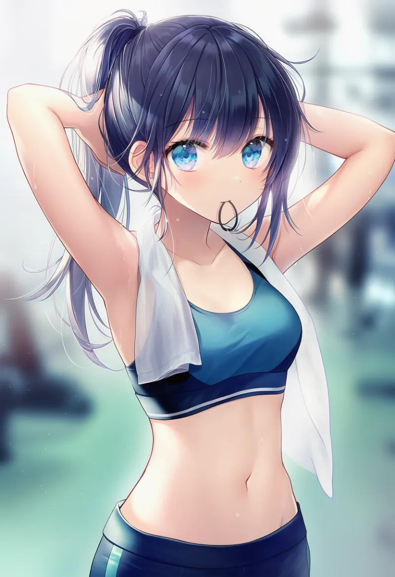 タオルを首にかける状態のAIイラスト（ヨガ休憩中）