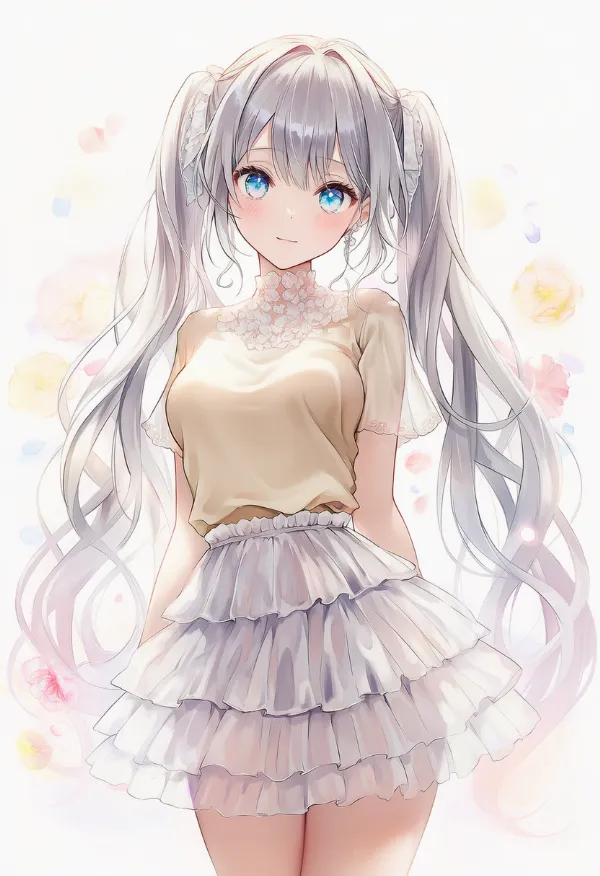 チュールスカートのAIイラスト（淡色コーデ用）