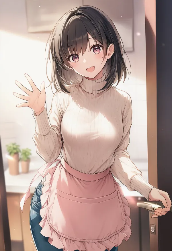 腰エプロンを着けた主婦のAIイラスト