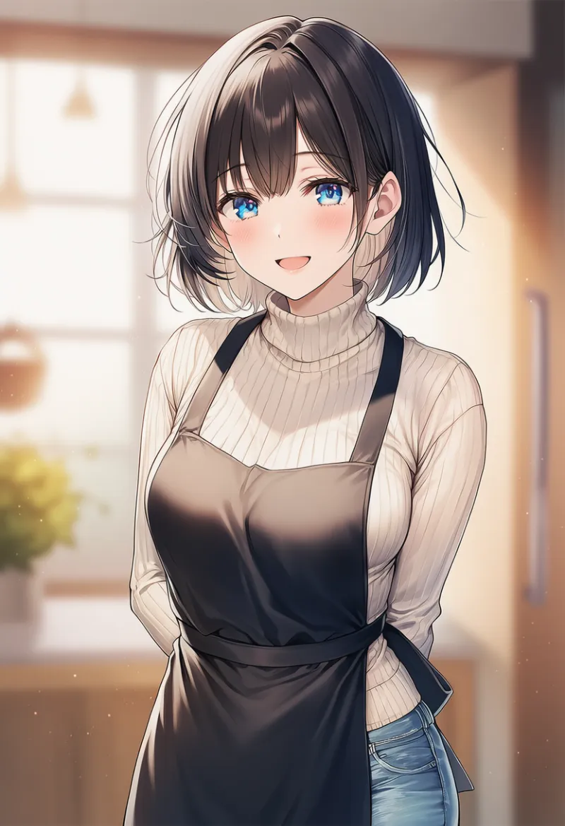 タートルネックセーター＋デニムジーンズ＋黒エプロンの主婦コーデのAIイラスト