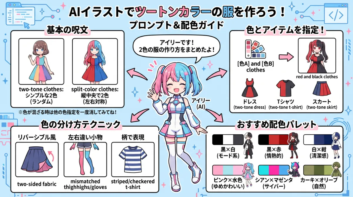 ツートンカラー（2色の服）のプロンプト集【AIイラスト】のまとめ用の図解イラスト