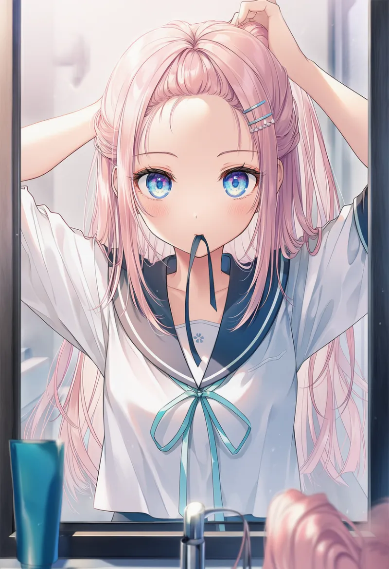 髪を結ぶ・ヘアアレンジする動作のAIイラスト（朝の日常行動）｜プロンプト紹介用