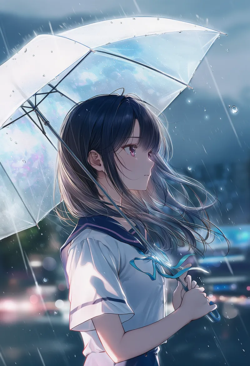 雨の日に傘を差す美少女のAIイラスト