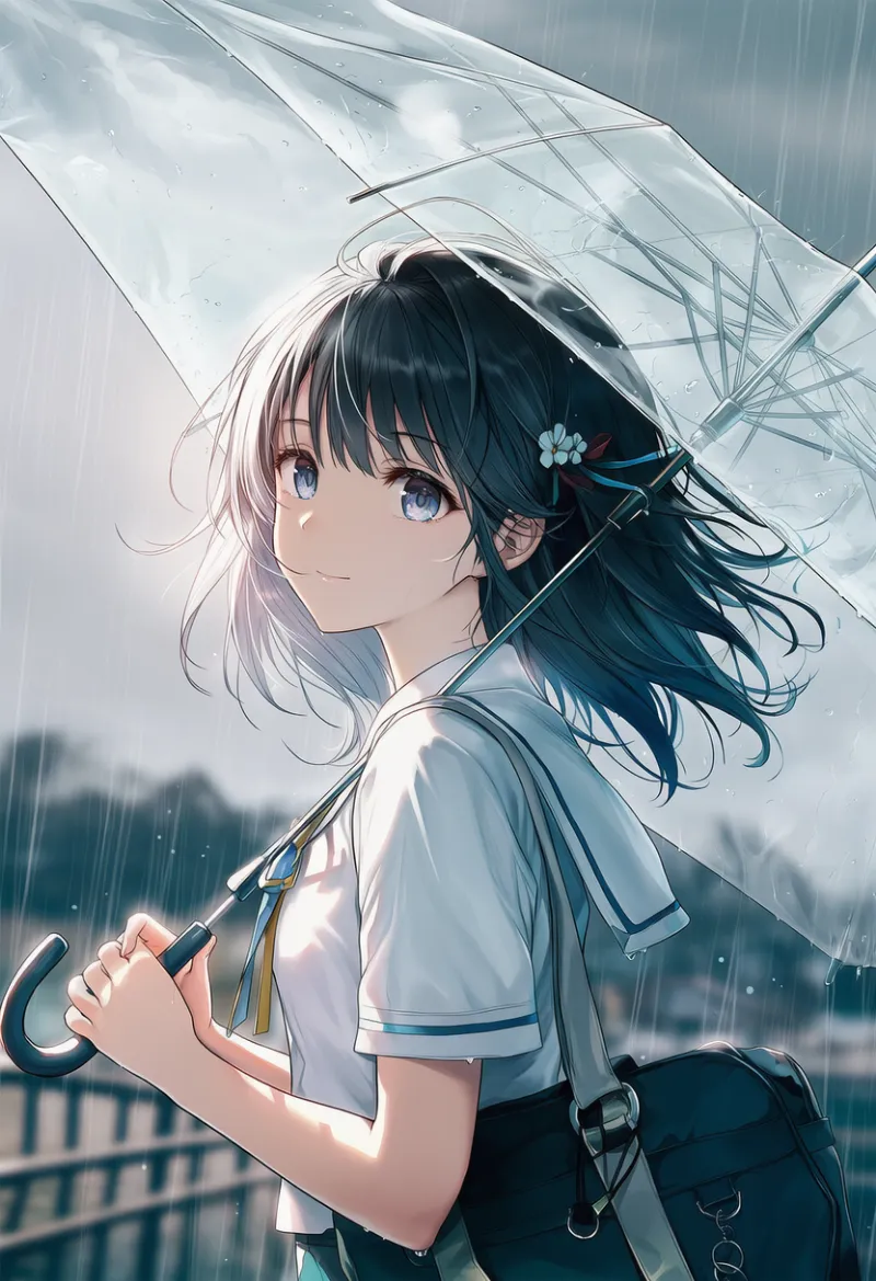 肩に傘を担いでいる状態のAIイラスト｜プロンプト紹介
