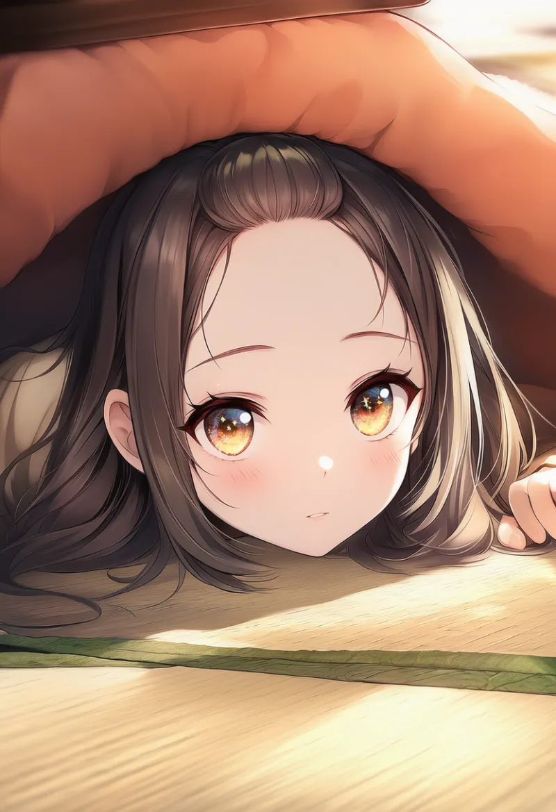 こたつの下にいる（隠れている）状態のAIイラスト｜プロンプト紹介