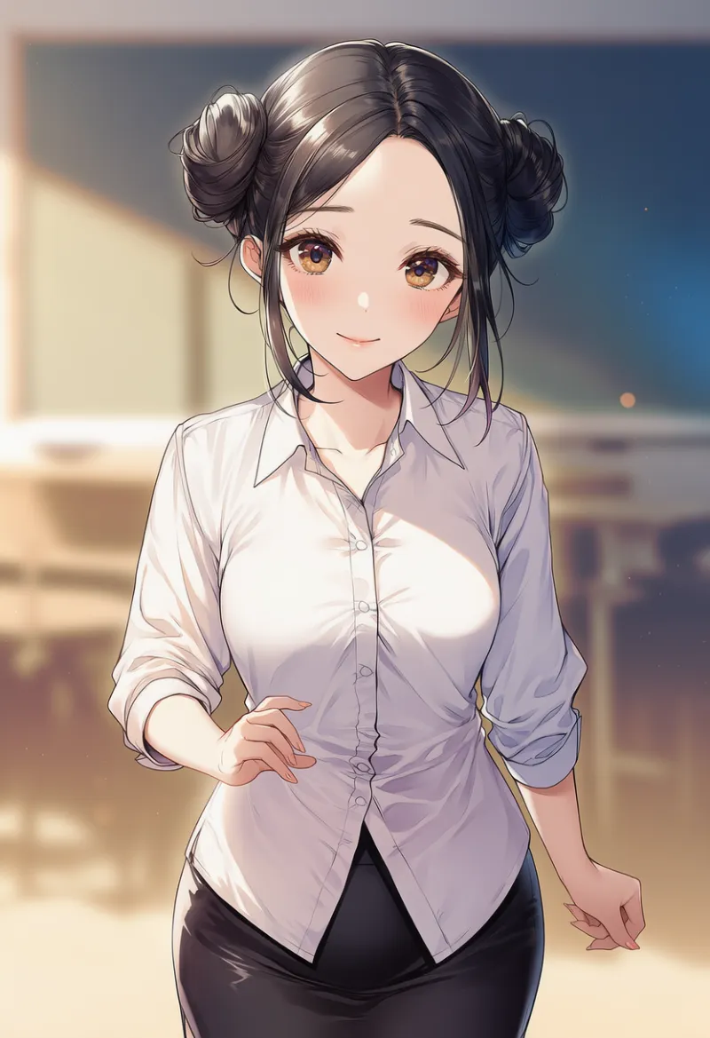 シャツがタックアウトしている女教師のAIイラスト｜プロンプト紹介用